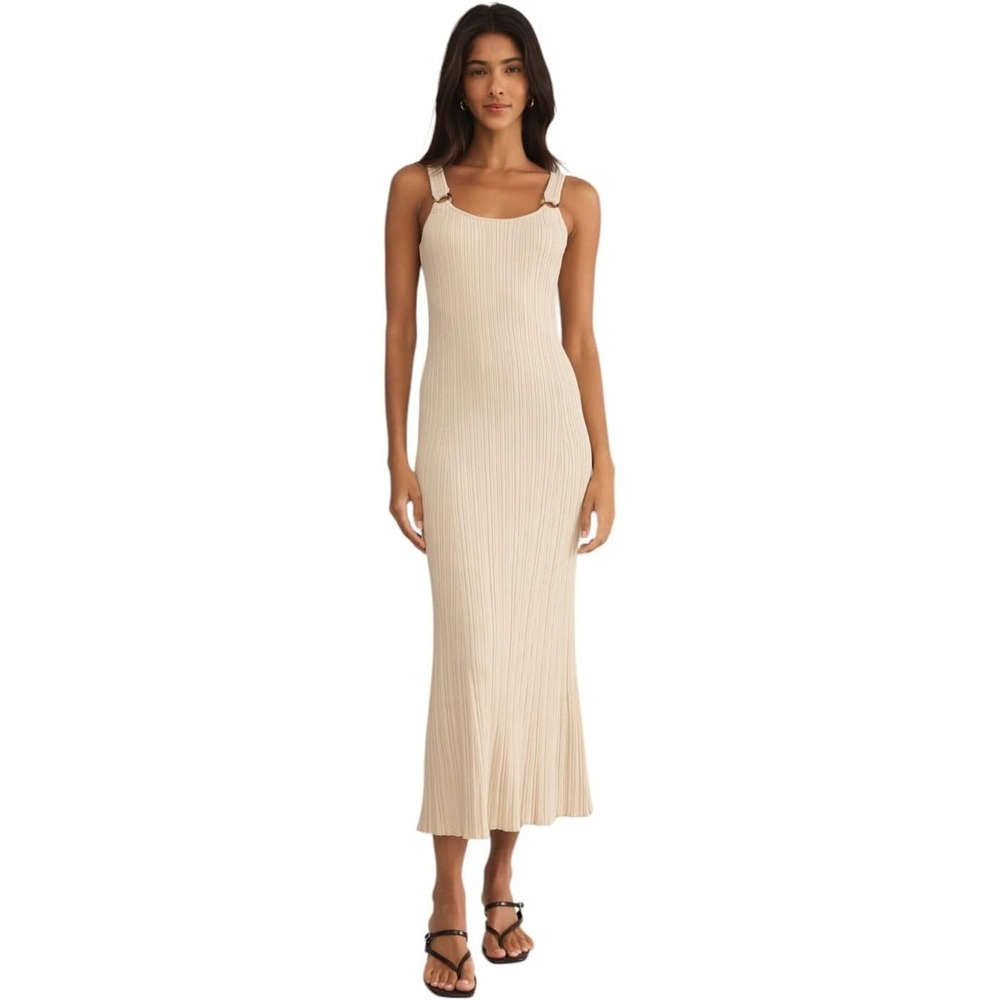 Z Supply Salinas Midi Dress Sandshell Beige Ribbed O-Ring Scoop Neck NWT S/M
